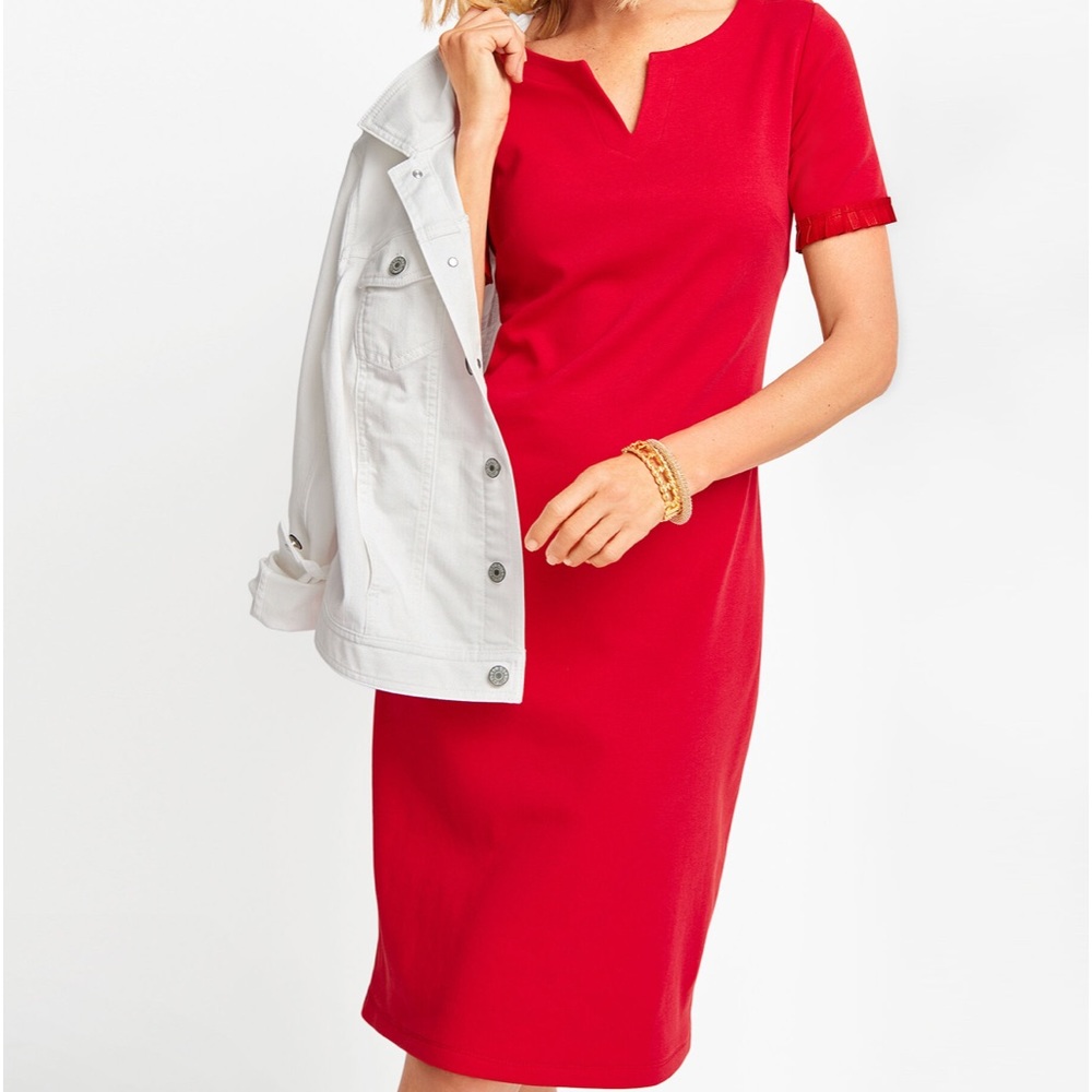Talbots Red Short Sleeve V-Neck Career Wear Sheath Dress